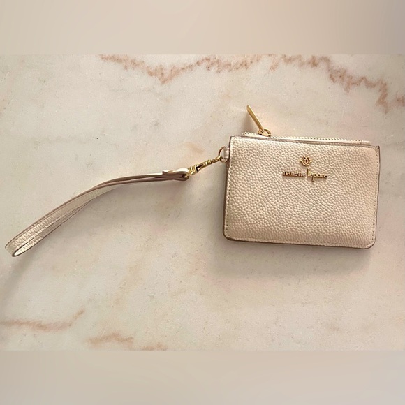 Nanette Lepore Small Taupe Leather Gold Hardware Card Holder Wristlet Wallet - Picture 1 of 6